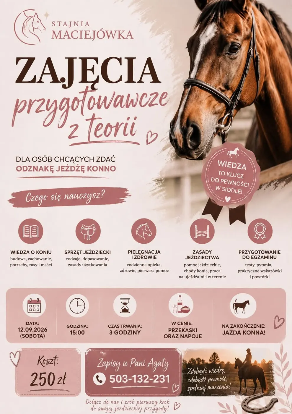 Plakat wydarzenia: Zajęcia przygotowawcze do odznaki „Jeżdżę konno”